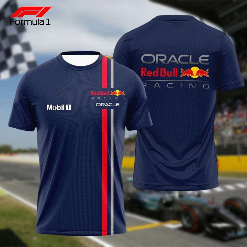 Red Bull Racing F1 shirt navy blue with Oracle and Mobil 1 logos showcasing front and back designs