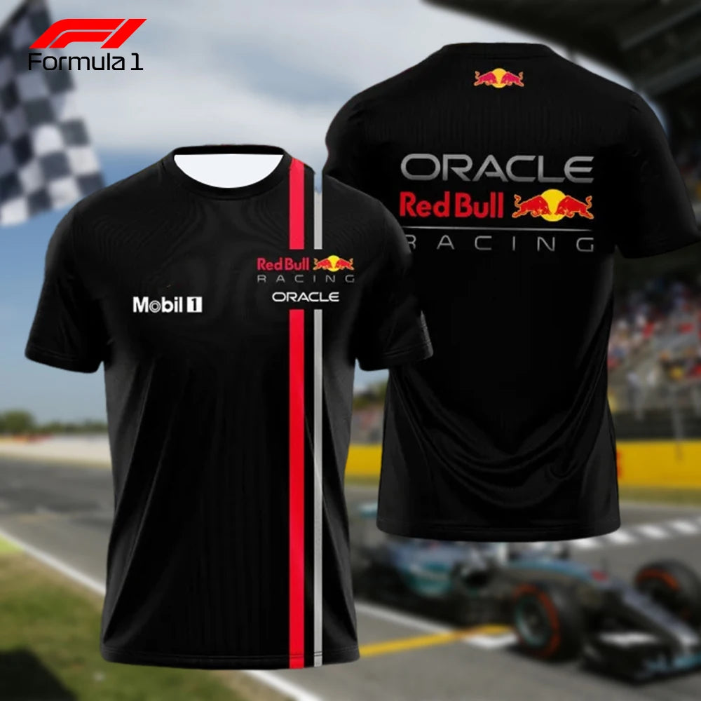 Black Red Bull Racing F1 T-shirt with Oracle and Mobil 1 logos featuring race-inspired red and white stripes