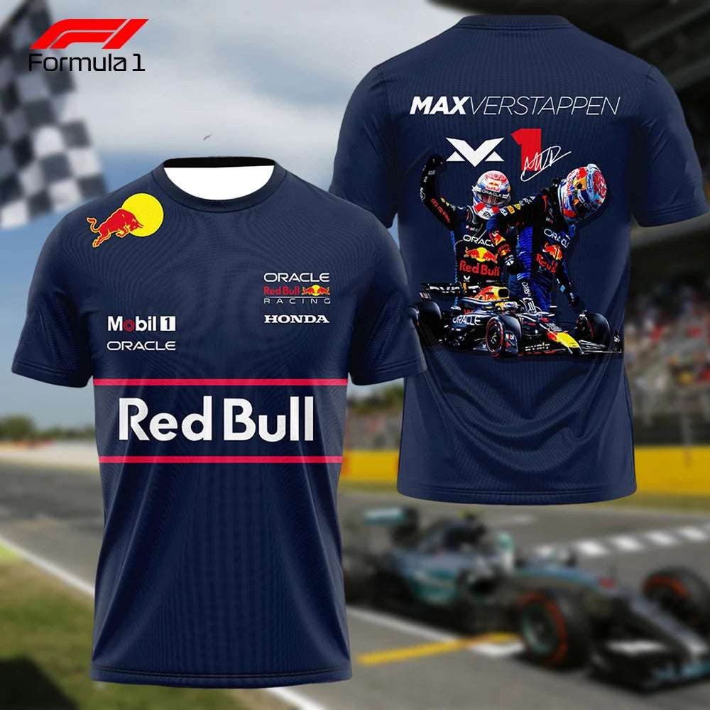 Red Bull Racing Verstappen shirt in navy blue with sponsor logos and race celebration design on back