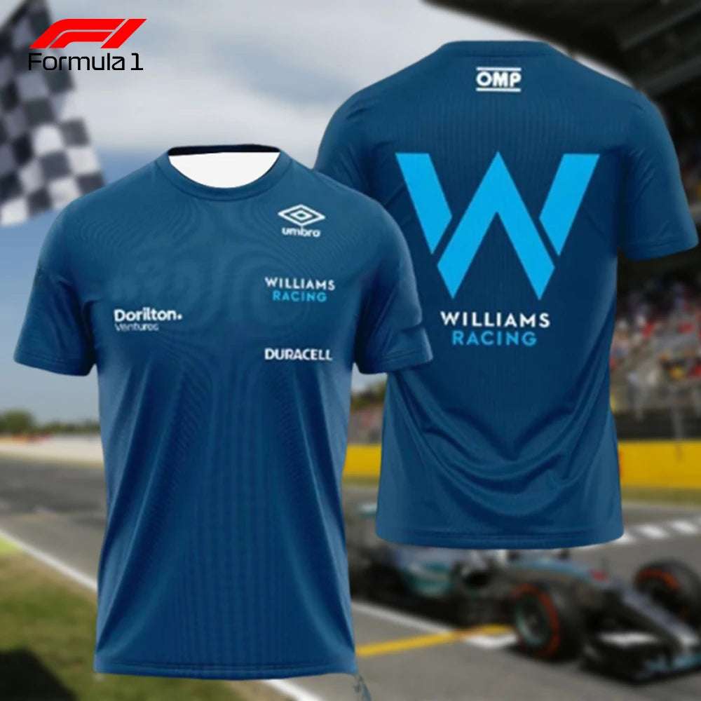 Blue 2025 F1 t-shirt with Williams Racing and sponsor logos front and back design