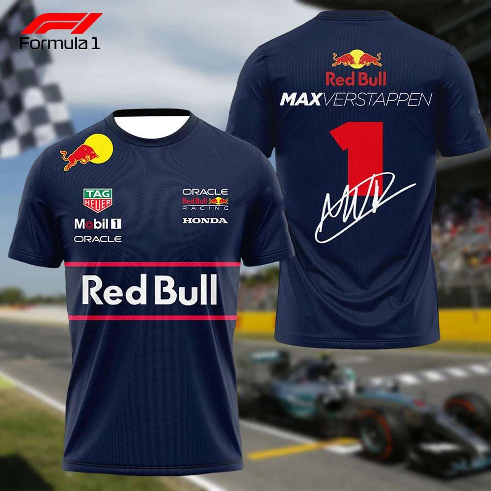 Navy Verstappen championship t-shirt with Red Bull racing logos and Max Verstappen signature