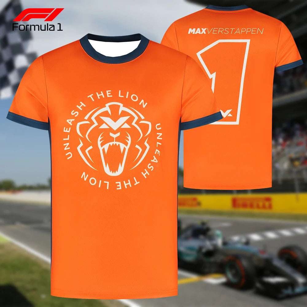 Bright orange Verstappen F1 t-shirt with lion graphic and Max Verstappen 1 on back