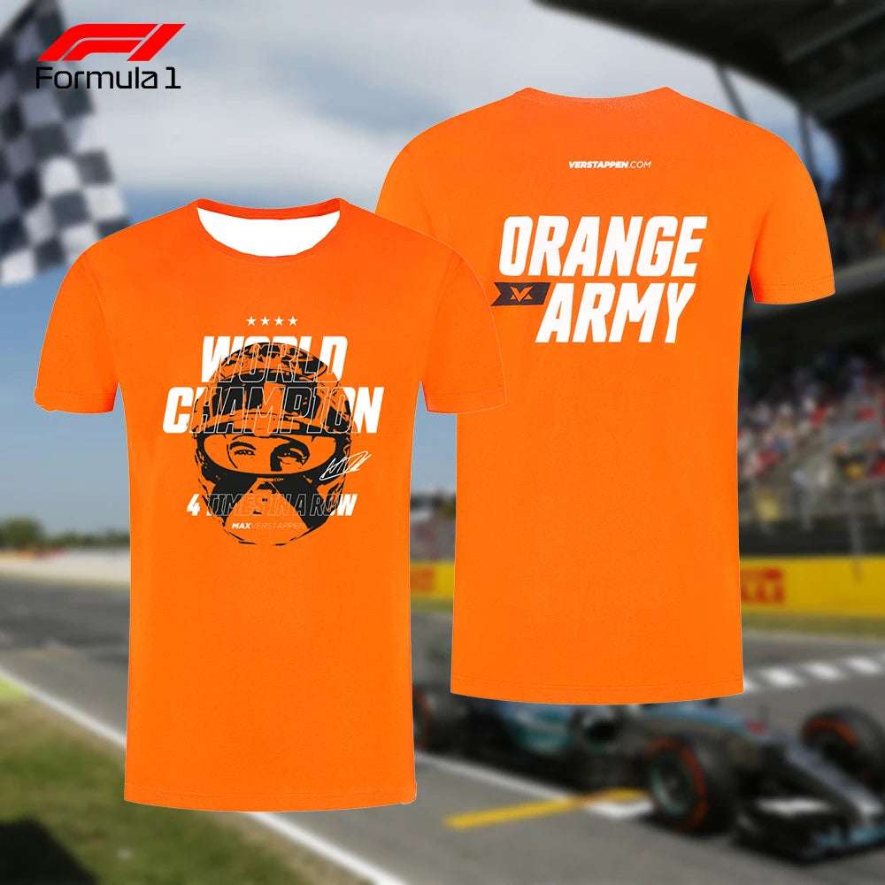 Orange Verstappen F1 t-shirt with World Champion front print and Orange Army back design