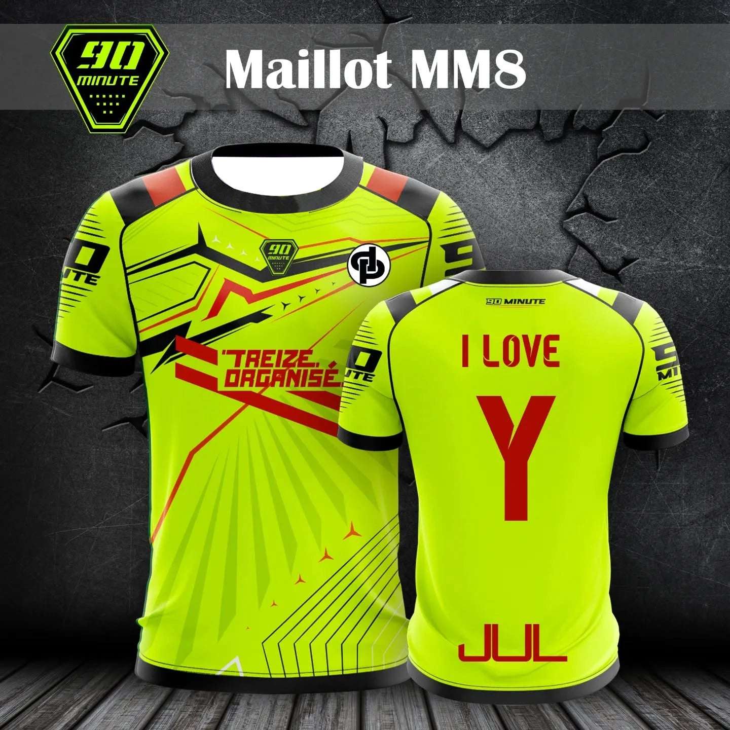 Bright yellow Formula 1 graphic tee with black and red racing design front and back view