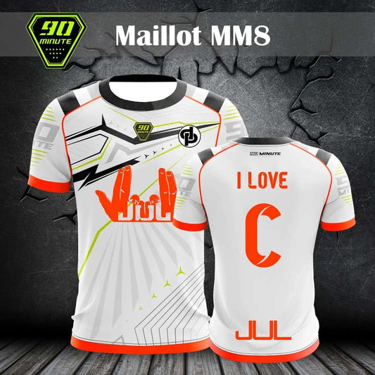 White and orange Formula 1 graphic tee with bold black and yellow racing designs front and back