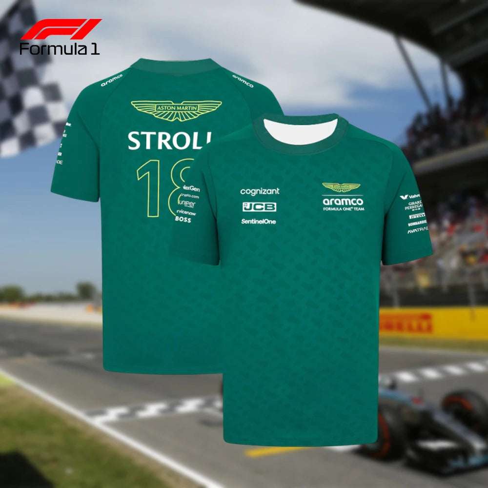 Aston Martin F1 team shirt in green with sponsor logos and Stroll number 18 on back