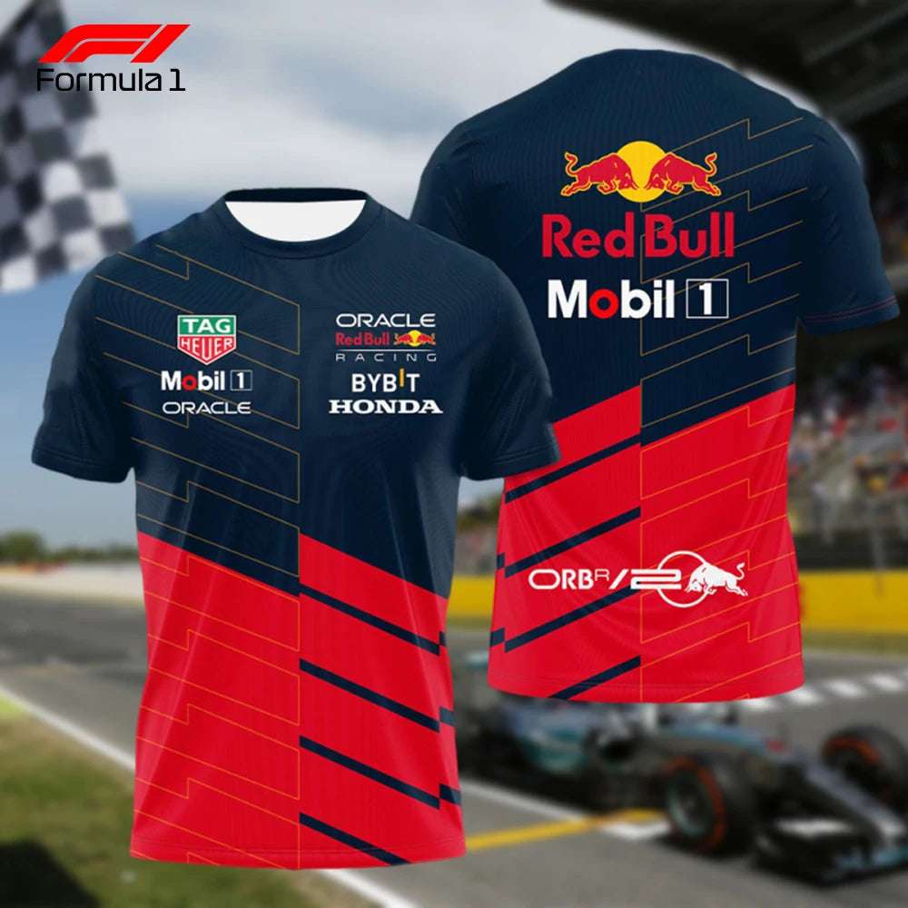 Front and back view of Red Bull F1 racing team t-shirt with sponsor logos and red blue design