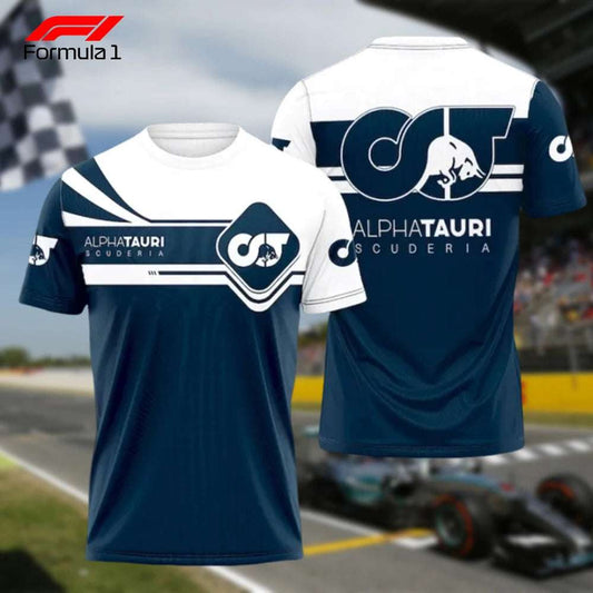 AlphaTauri F1 t-shirt in blue and white with racing team logos and Red Bull branding
