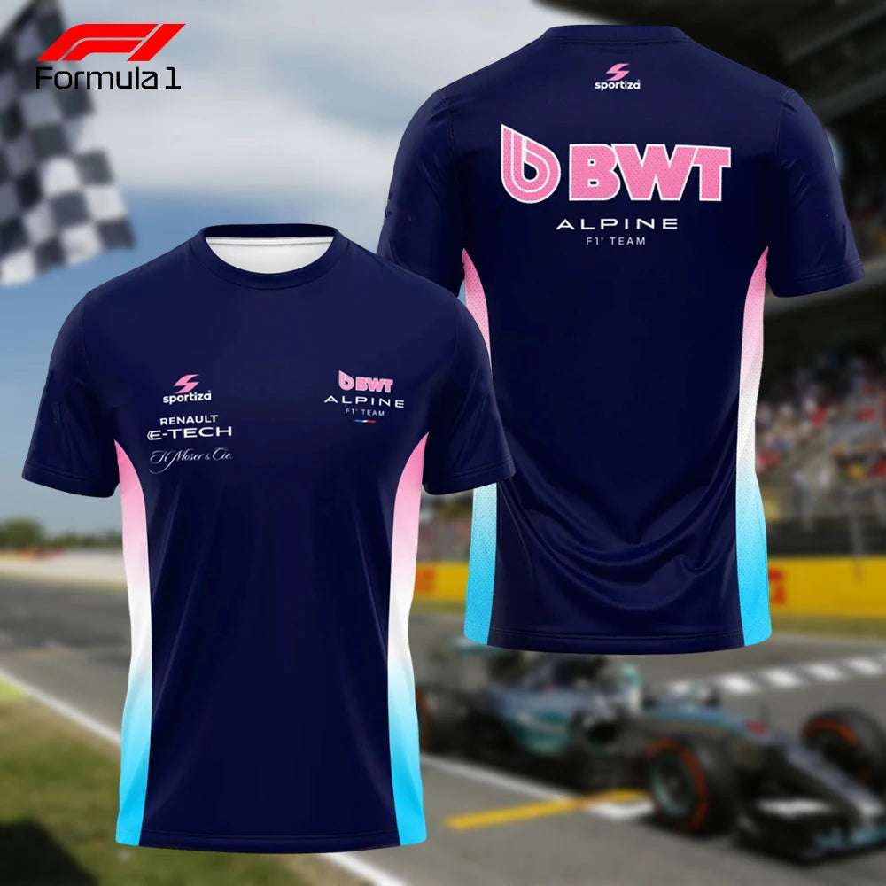 Navy blue Alpine F1 team t-shirt with pink and blue accents featuring BWT and sponsor logos