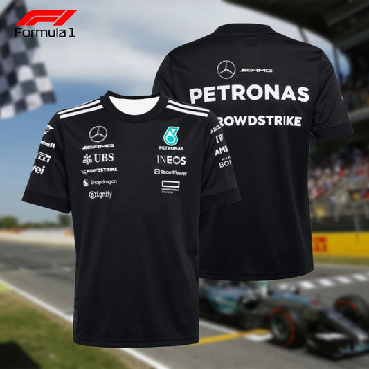 Black AMG PETRONAS F1 t-shirt with sponsor logos and Mercedes emblem on front and back