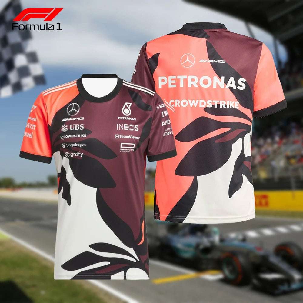Front and back view of AMG PETRONAS F1 t-shirt featuring sponsor logos and unique graphic design
