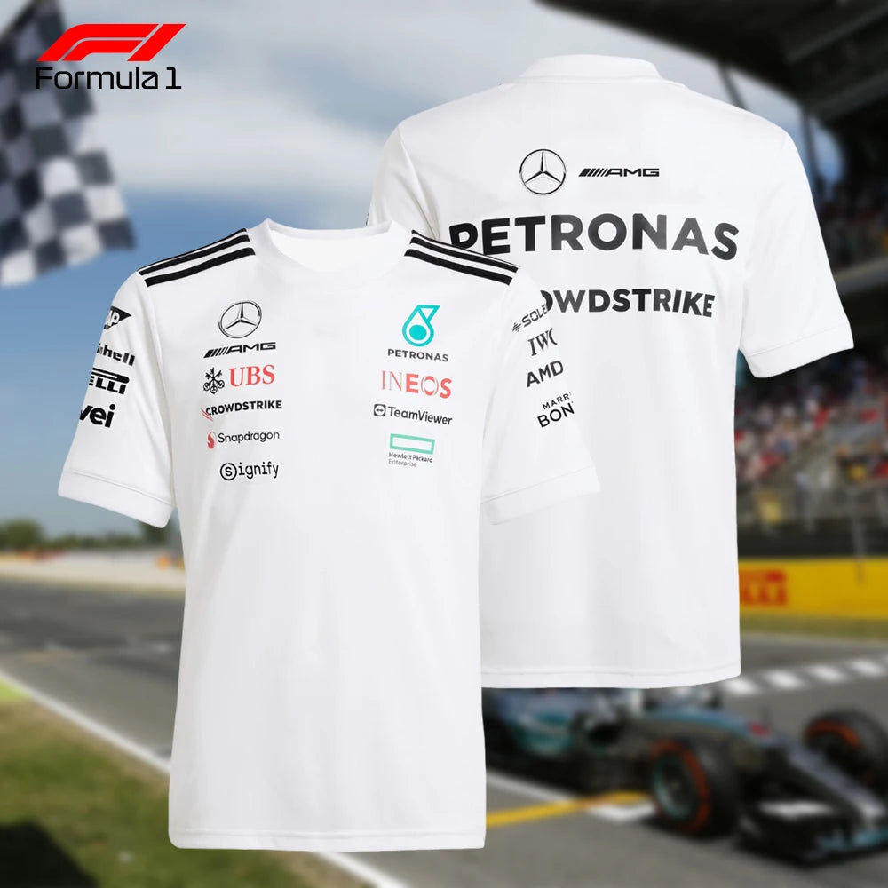 White AMG PETRONAS F1 t-shirt with sponsor logos and black stripes on sleeves shown from front and back