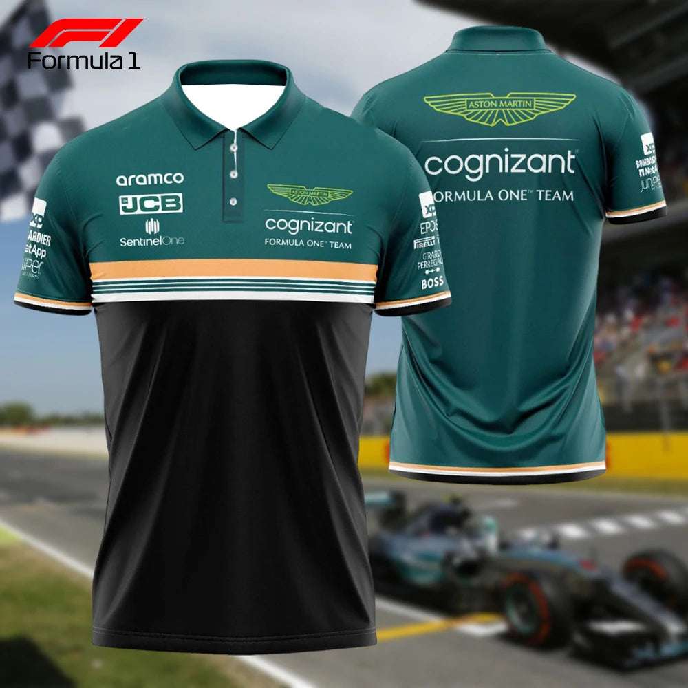 Aston Martin F1 polo shirt in green and black with team logos and sponsor branding front and back