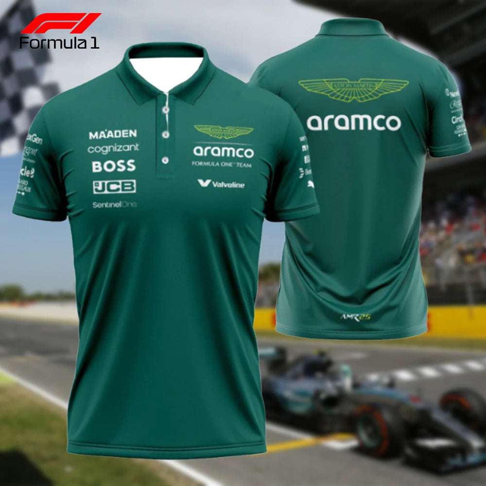 Aston Martin F1 polo shirt in green with team logos and sponsor branding front and back