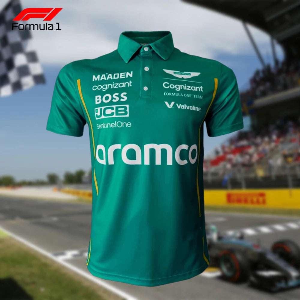 Green Aston Martin F1 polo shirt with sponsor logos and yellow accents on racetrack background