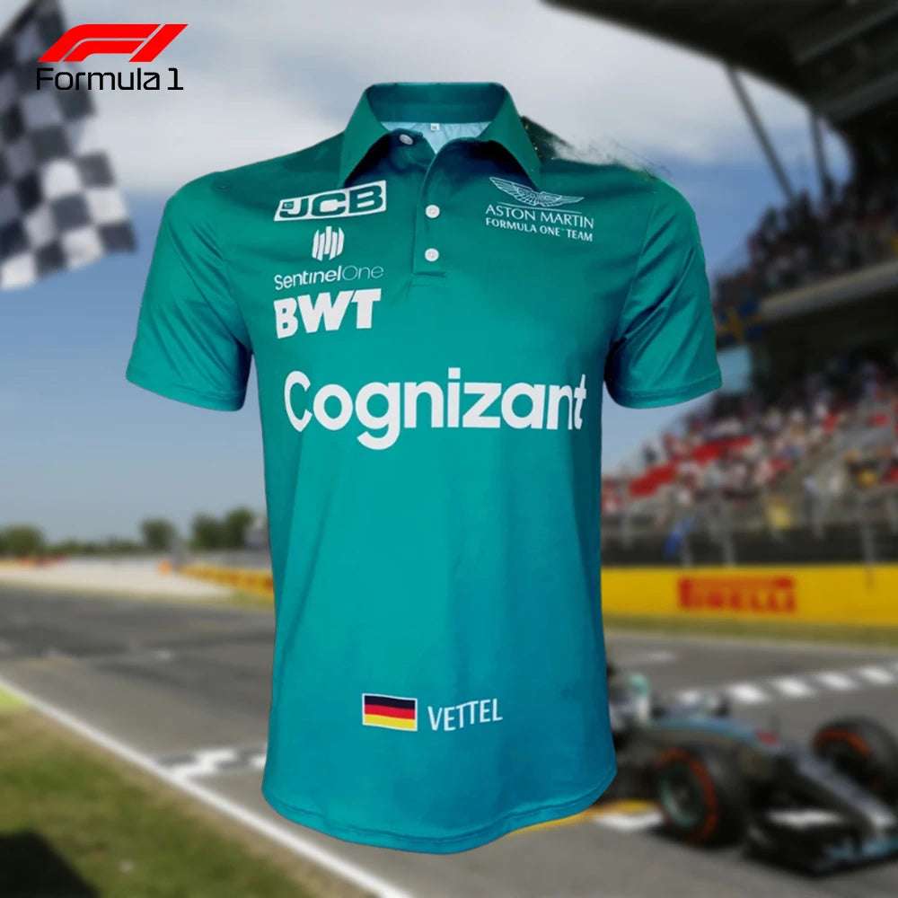 Aston Martin F1 polo shirt in green with team logos and Vettel name on front