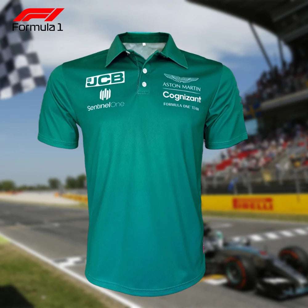 Aston Martin F1 polo shirt in green with sponsor logos and team branding on front