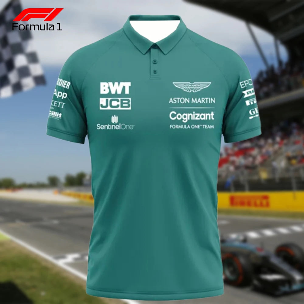 Aston Martin F1 polo shirt in green with sponsor logos and classic collar design