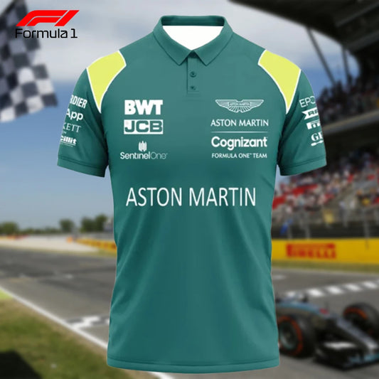 Green Aston Martin F1 polo shirt with sponsor logos and yellow shoulder accents
