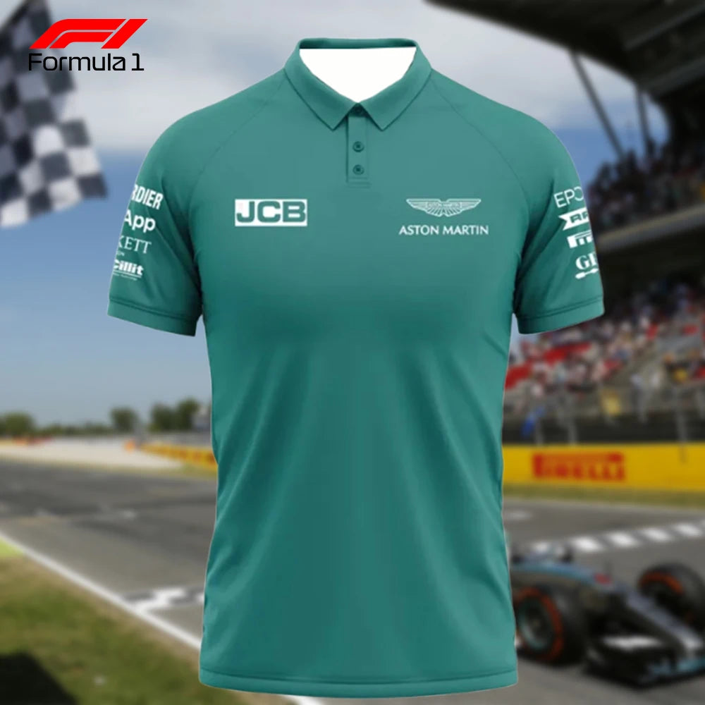 Aston Martin F1 polo shirt in green with sponsor logos and racing circuit background