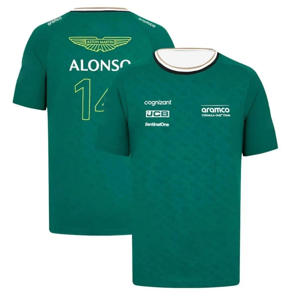 Green Aston Martin F1 shirt with Alonso name and number 14 printed on the back