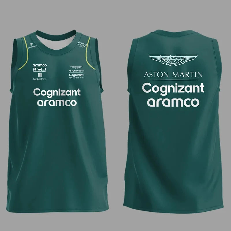 Green Aston Martin F1 tank top with sponsor logos on front and back in racing style