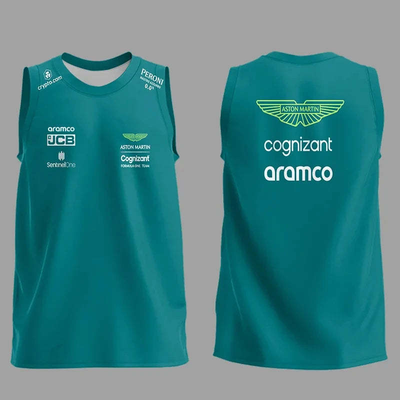 Front and back views of Aston Martin F1 tank top with sponsor logos in teal color