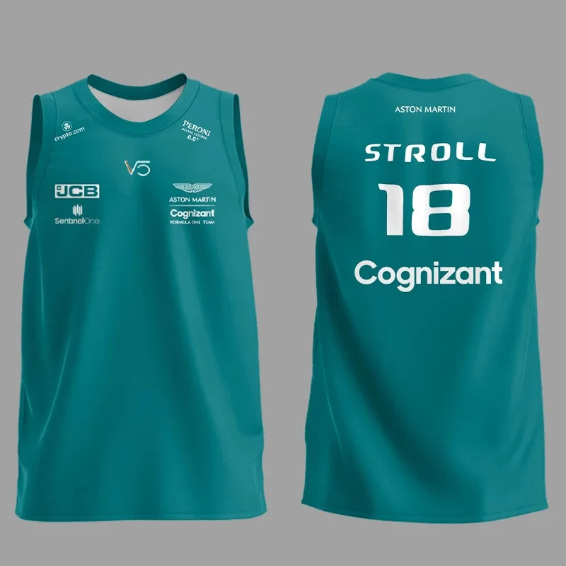 Aston Martin F1 tank top in teal with driver Stroll number 18 and sponsor logos front and back