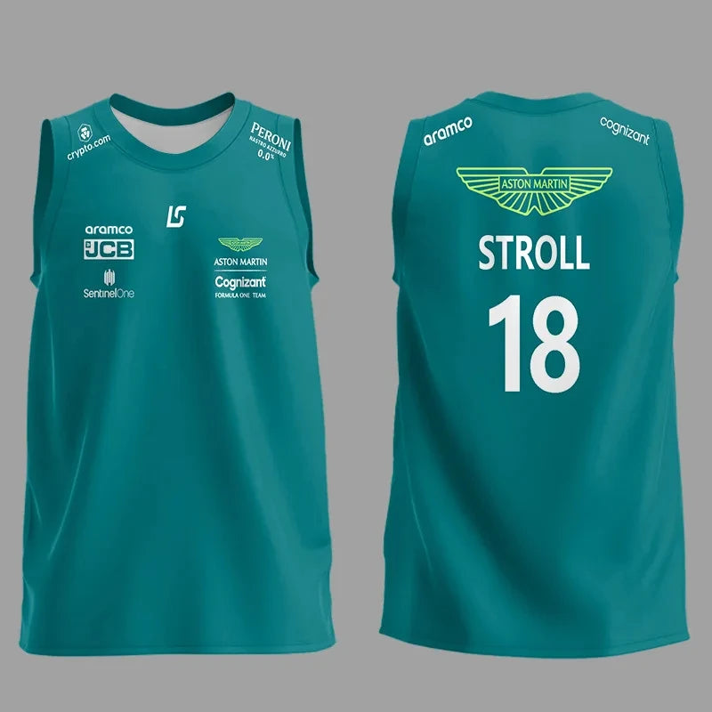 Aston Martin F1 tank top in teal featuring sponsor logos and Stroll 18 printed on the back