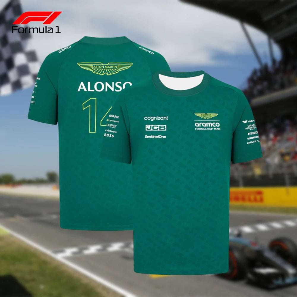 Aston Martin F1 team shirt in green with driver Alonso number 14 and sponsor logos