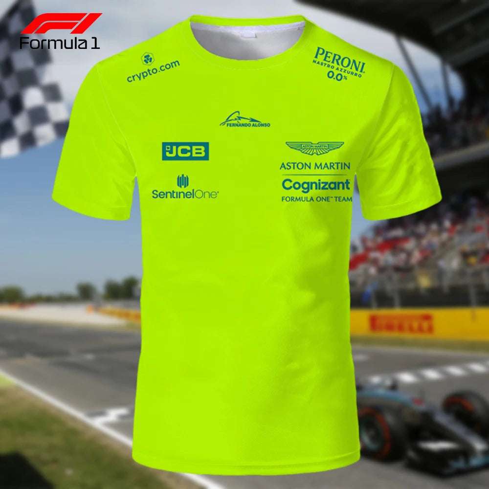 Bright yellow Aston Martin F1 team shirt with sponsor logos and Formula One branding