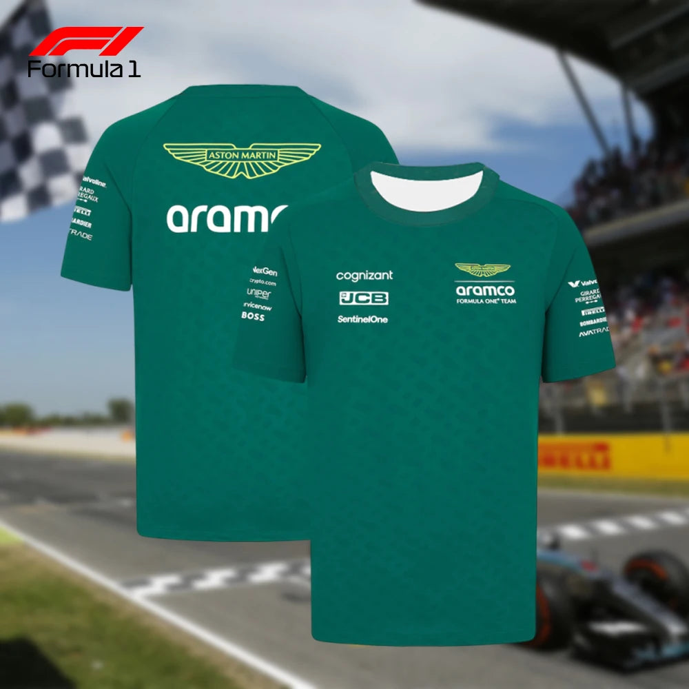 Green Aston Martin F1 team shirt with sponsor logos and branding from front and back views