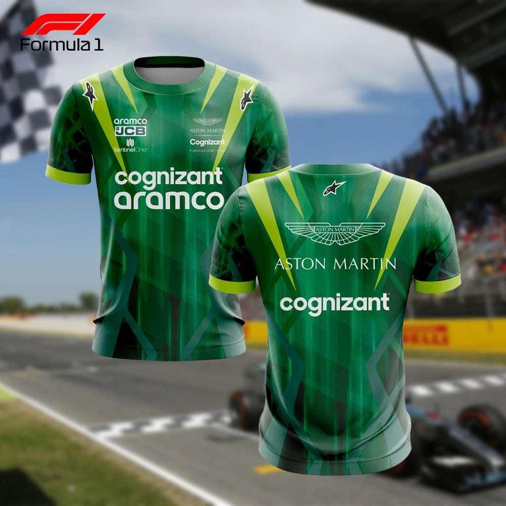 Green Aston Martin F1 team shirt with sponsor logos displayed front and back