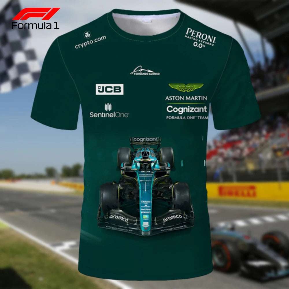 Dark green Aston Martin F1 team shirt with car graphic and sponsor logos for Formula One fans