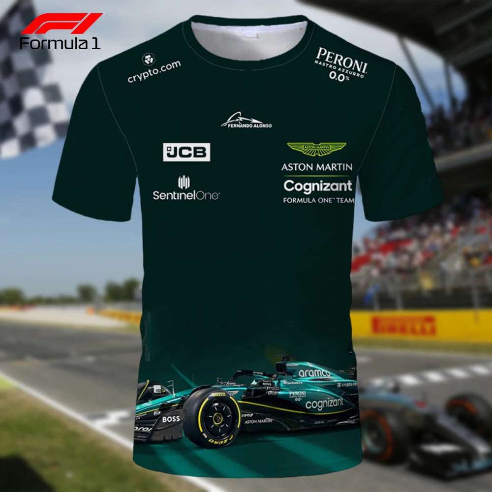 Aston Martin F1 team shirt featuring sponsor logos and a detailed racing car graphic