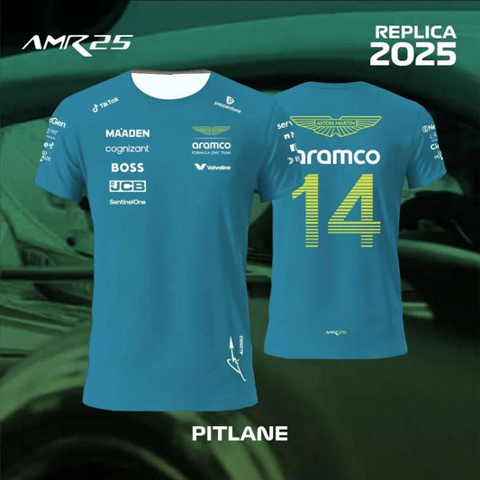 Aston Martin F1 team t-shirt replica 2025 with sponsor logos and number 14 on back in teal color
