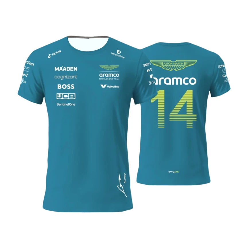 Aston Martin F1 team t-shirt in teal with sponsor logos and number 14 printed on the back