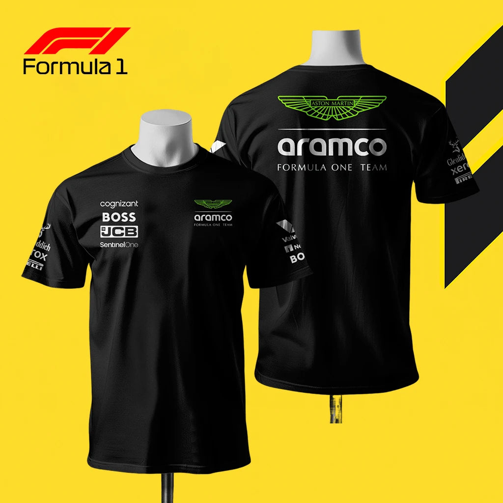Black Aston Martin F1 team t-shirt with sponsor logos and green Aston Martin wing emblem