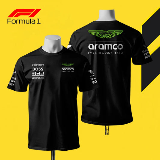 Black Aston Martin F1 team t-shirt with sponsor logos and green Aston Martin wing emblem