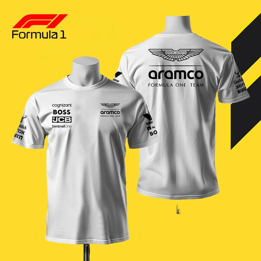 White Aston Martin F1 team t-shirt with sponsor logos front and back on yellow background