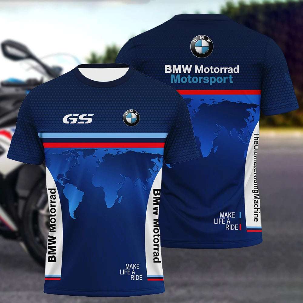 Blue BMW motorcycle t-shirt with world map design and BMW Motorrad Motorsport logos