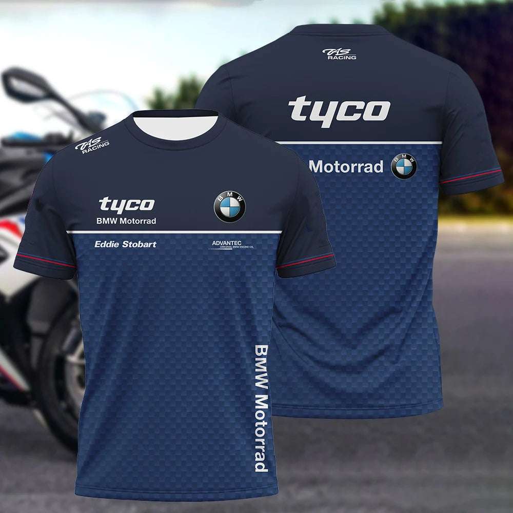 Blue BMW motorcycle t-shirt with tyco and BMW Motorrad logos and racing design