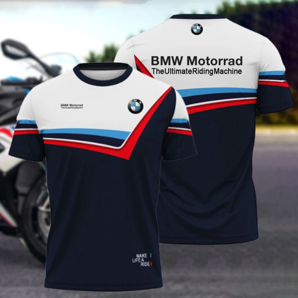 BMW motorcycle t-shirt with navy blue, white, red, and blue racing stripes and BMW logo on front and back