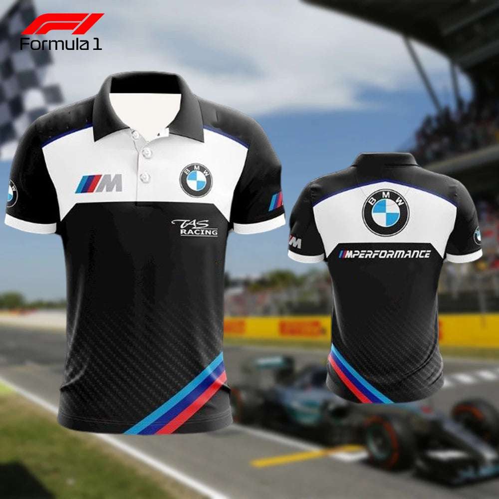 BMW polo shirt with black white and blue racing design featuring BMW and M Performance logos