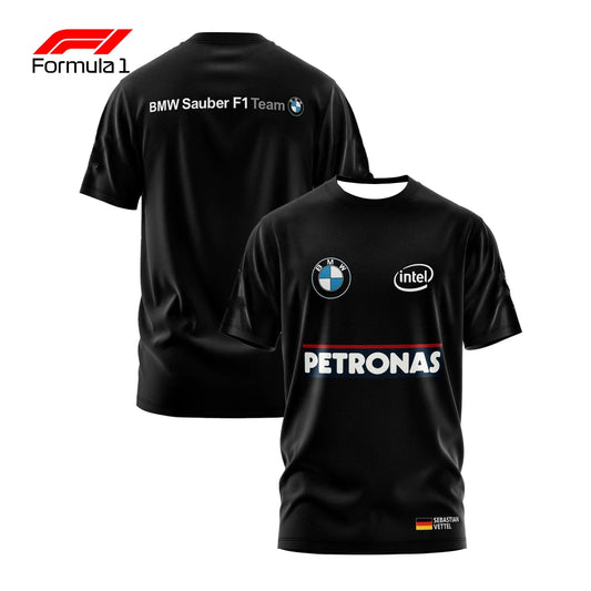 Black BMW Sauber F1 T-shirt with Petronas, BMW, and Intel logos and Sebastian Vettel name