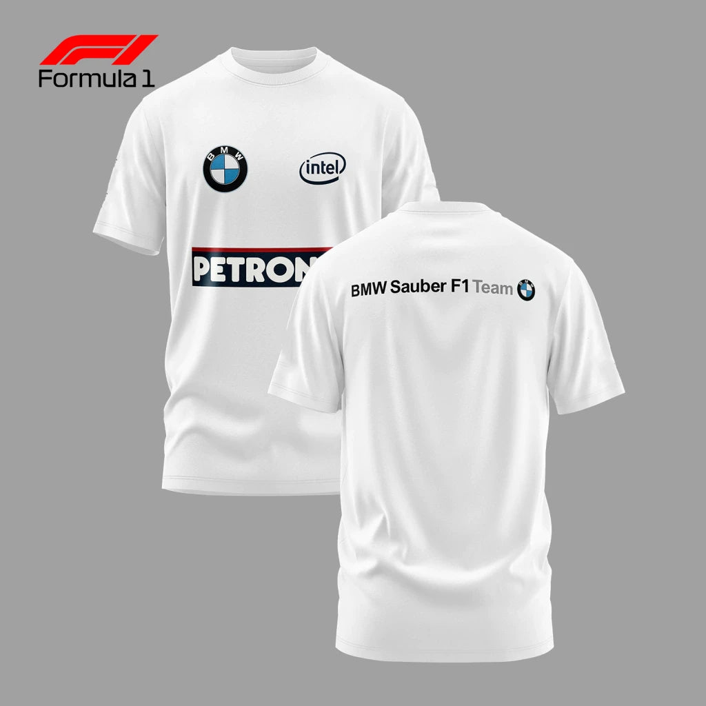 White BMW Sauber F1 T-shirt with sponsor logos Petronas, Intel, and BMW emblem on front and back