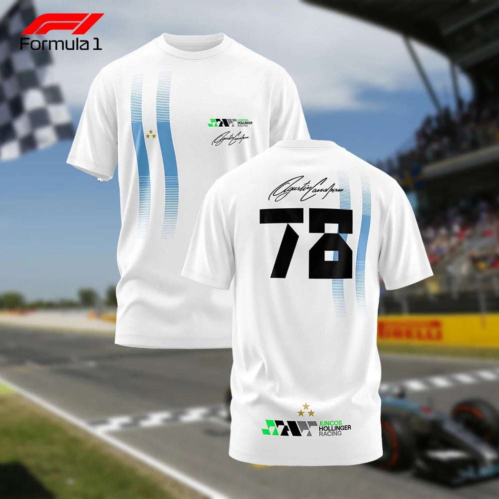 White F1 Argentina Colapinto T-shirt with blue stripes and black number 78 design front and back