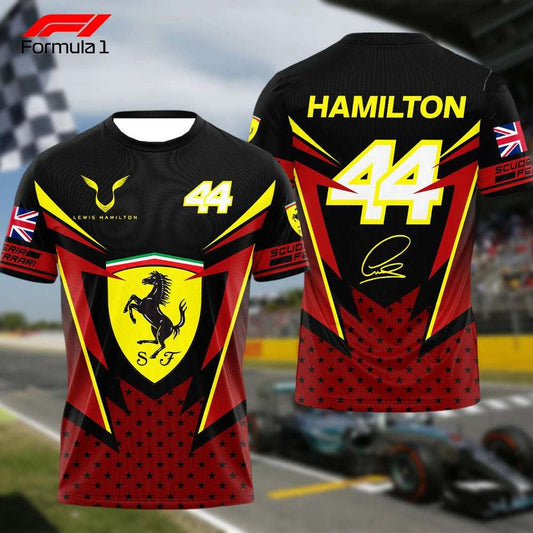 F1 Ferrari Lewis Hamilton T-shirt with number 44 and racing design in black and red