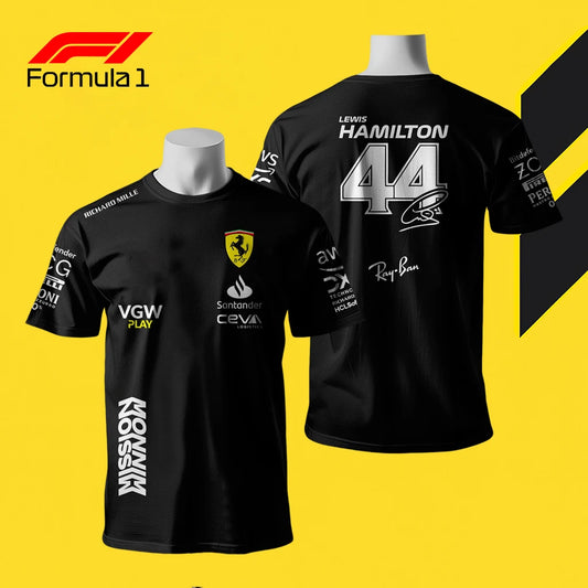Black F1 Ferrari racing shirt with Lewis Hamilton 44 logo and sponsor prints on front and back