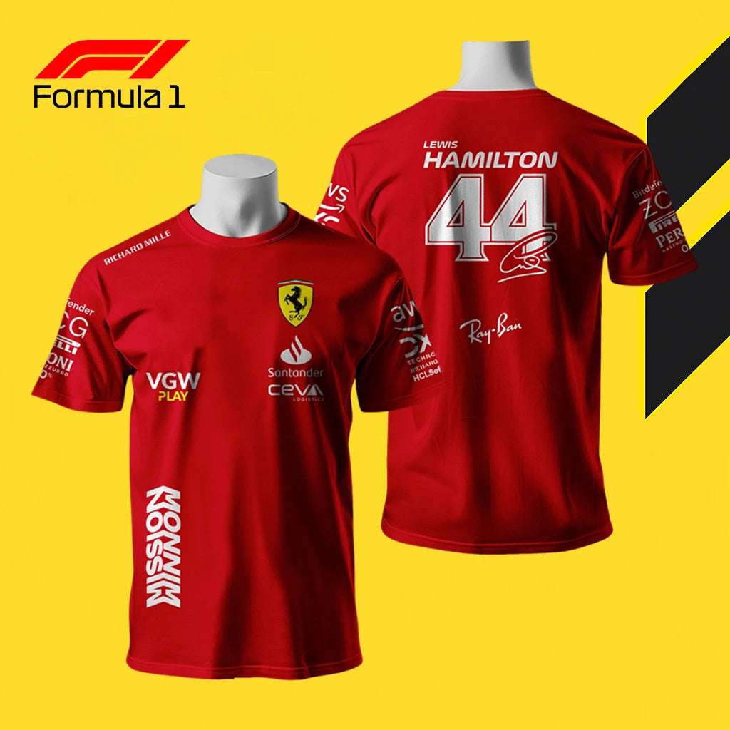 Red F1 Ferrari racing shirt with Lewis Hamilton 44 logo and sponsor branding on front and back